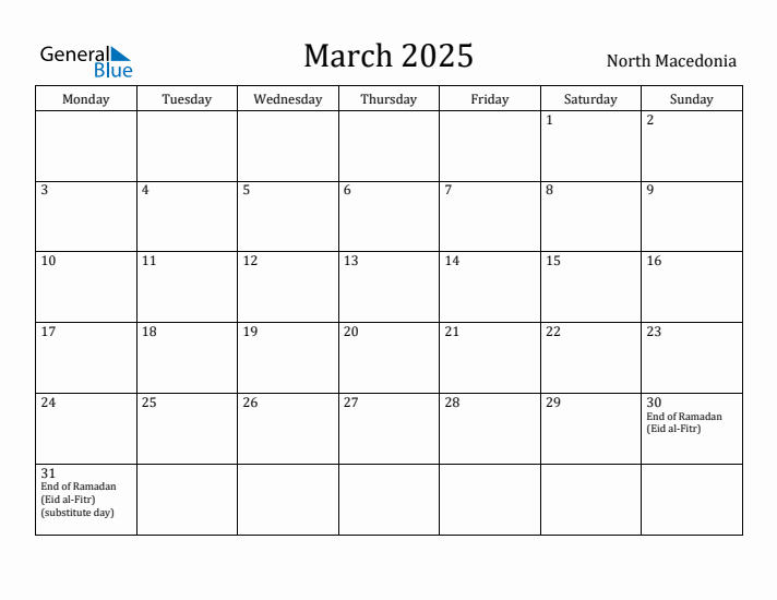 March 2025 Calendar North Macedonia