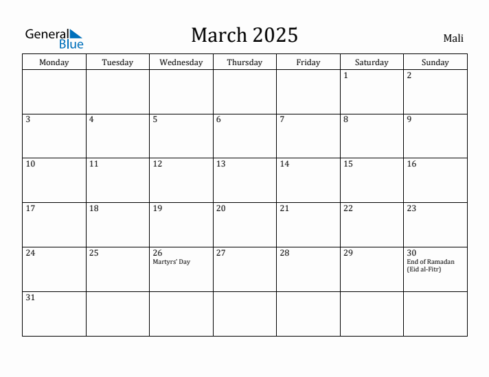 March 2025 Calendar Mali