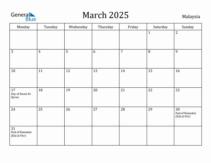 March 2025 Calendar Malaysia