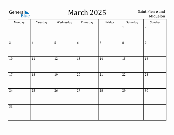 March 2025 Calendar Saint Pierre and Miquelon