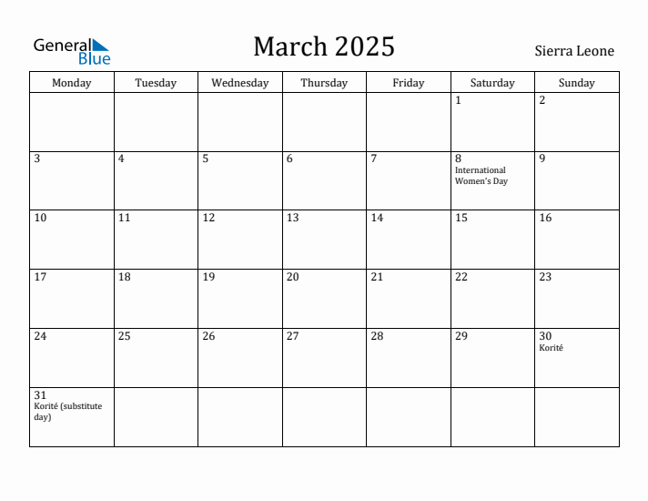 March 2025 Calendar Sierra Leone
