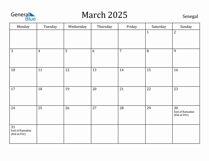 March 2025 Calendar Senegal