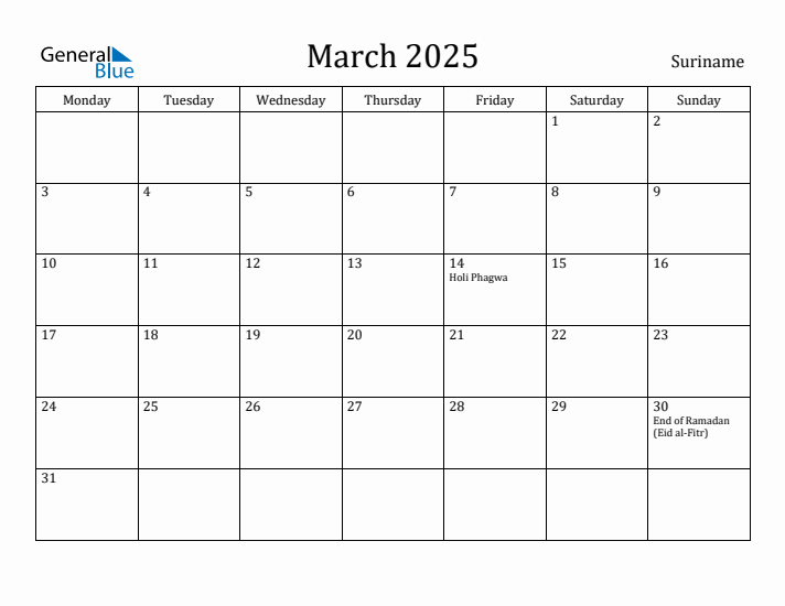 March 2025 Calendar Suriname