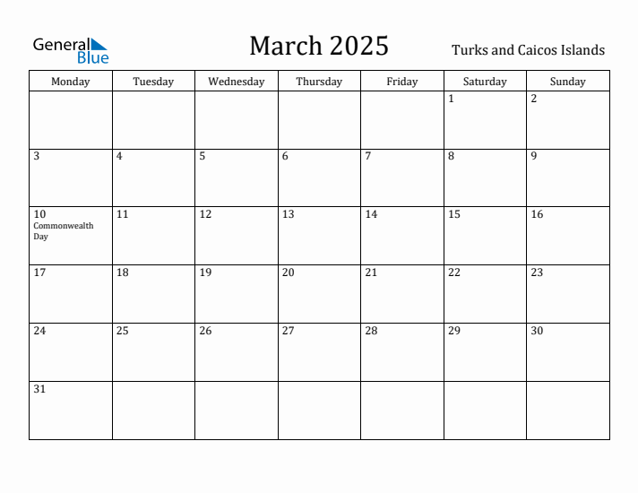 March 2025 Calendar Turks and Caicos Islands