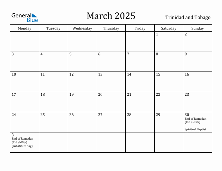 March 2025 Calendar Trinidad and Tobago