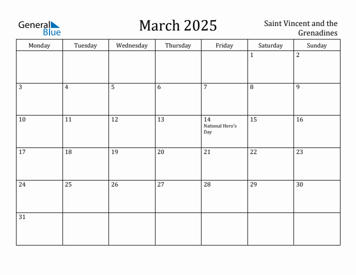 March 2025 Calendar Saint Vincent and the Grenadines