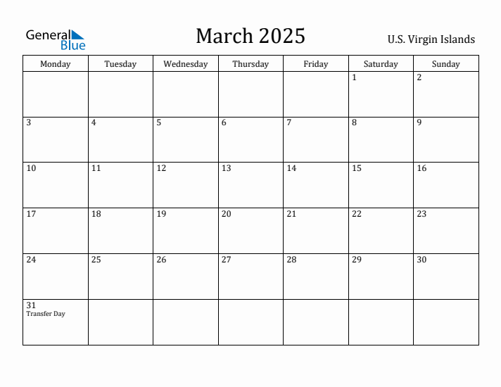 March 2025 Calendar U.S. Virgin Islands
