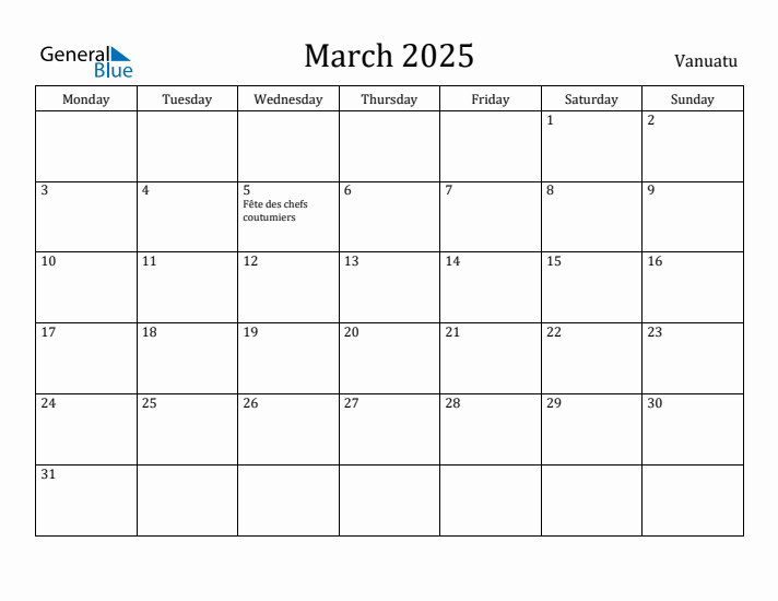 March 2025 Calendar Vanuatu