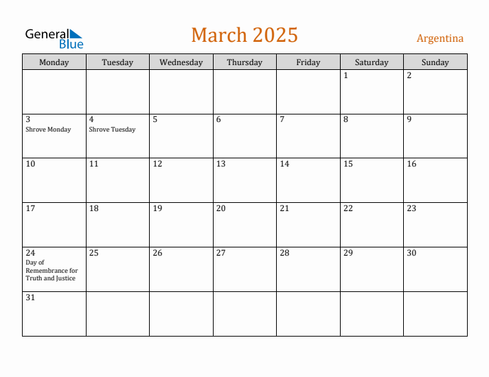 March 2025 Holiday Calendar with Monday Start