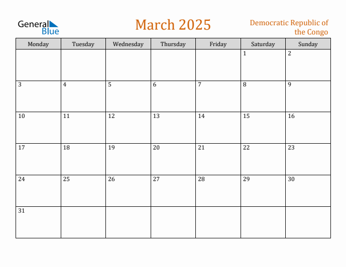 March 2025 Holiday Calendar with Monday Start