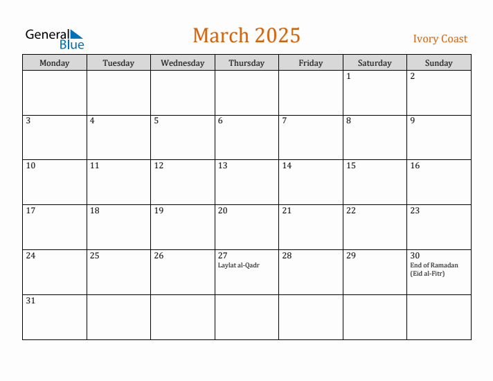 March 2025 Holiday Calendar with Monday Start