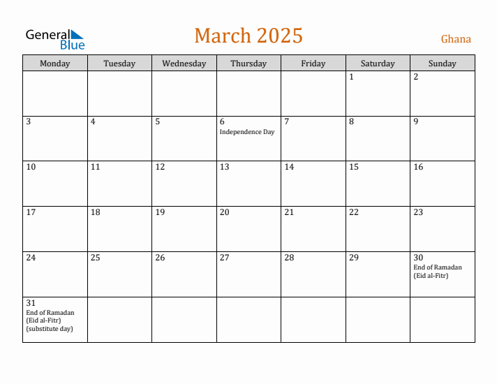 March 2025 Holiday Calendar with Monday Start