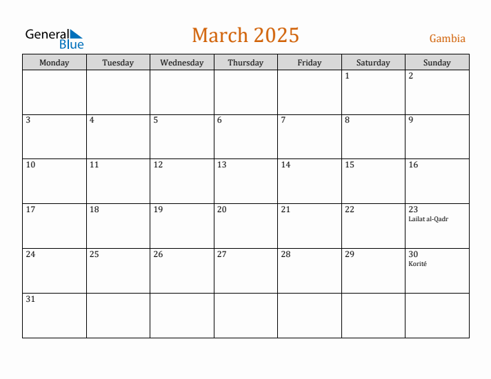 March 2025 Holiday Calendar with Monday Start