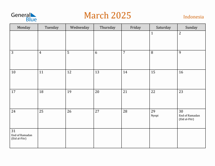 March 2025 Holiday Calendar with Monday Start