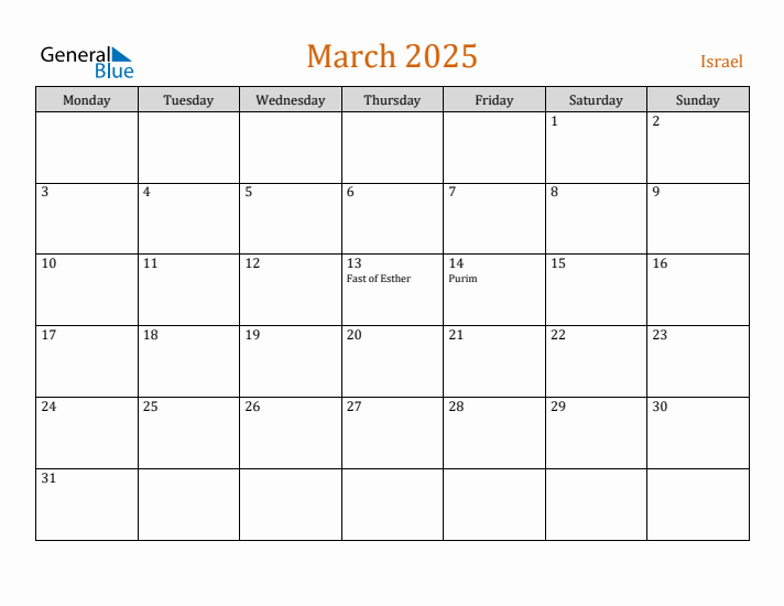 March 2025 Holiday Calendar with Monday Start
