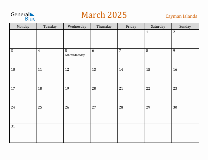 March 2025 Holiday Calendar with Monday Start