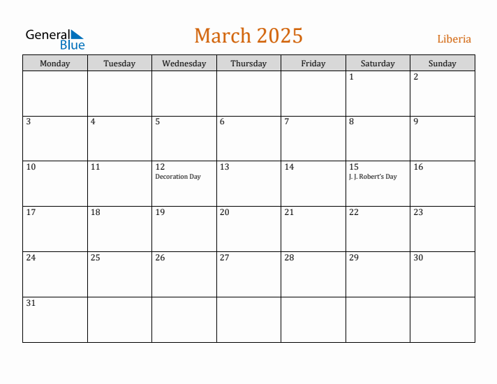 March 2025 Holiday Calendar with Monday Start