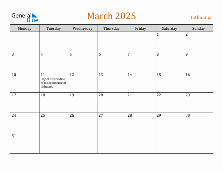 March 2025 Holiday Calendar with Monday Start