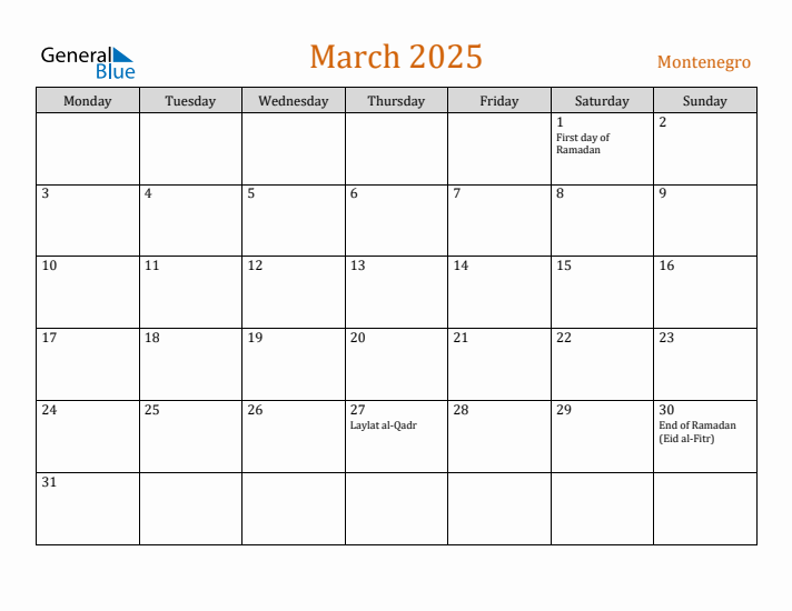 March 2025 Holiday Calendar with Monday Start