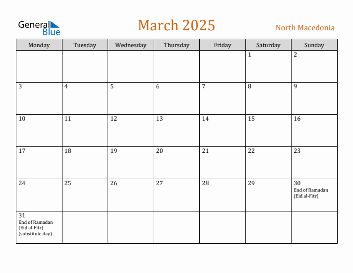 March 2025 Holiday Calendar with Monday Start