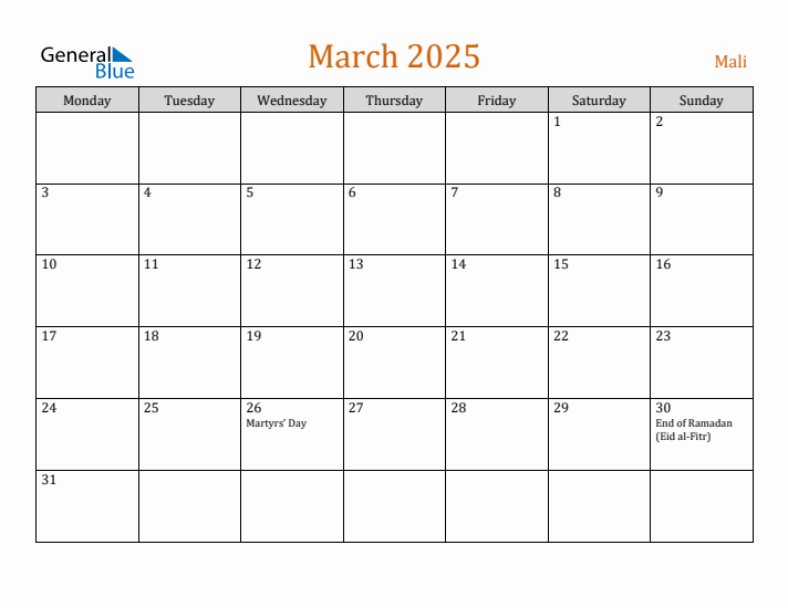 March 2025 Holiday Calendar with Monday Start