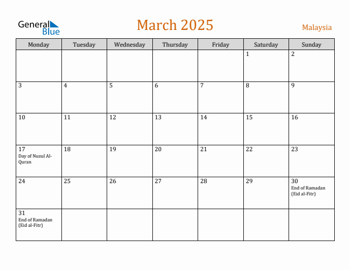 March 2025 Holiday Calendar with Monday Start