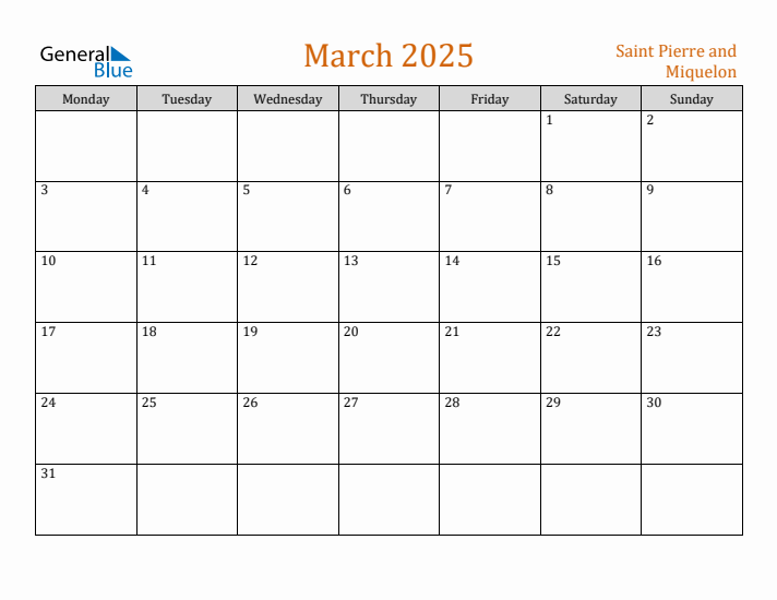 March 2025 Holiday Calendar with Monday Start