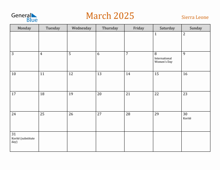 March 2025 Holiday Calendar with Monday Start