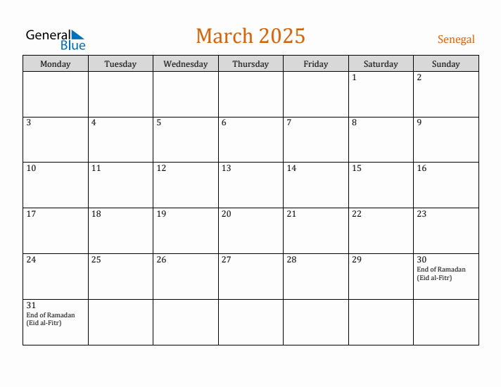 March 2025 Holiday Calendar with Monday Start