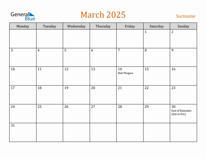 March 2025 Holiday Calendar with Monday Start