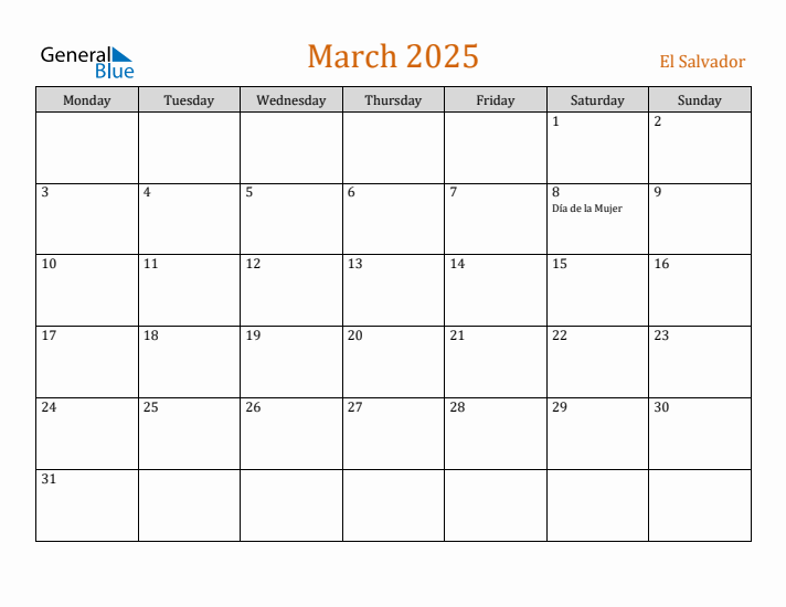March 2025 Holiday Calendar with Monday Start