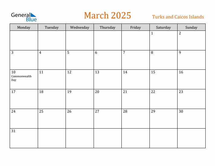 March 2025 Holiday Calendar with Monday Start