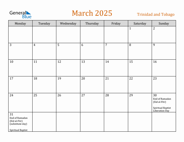 March 2025 Holiday Calendar with Monday Start