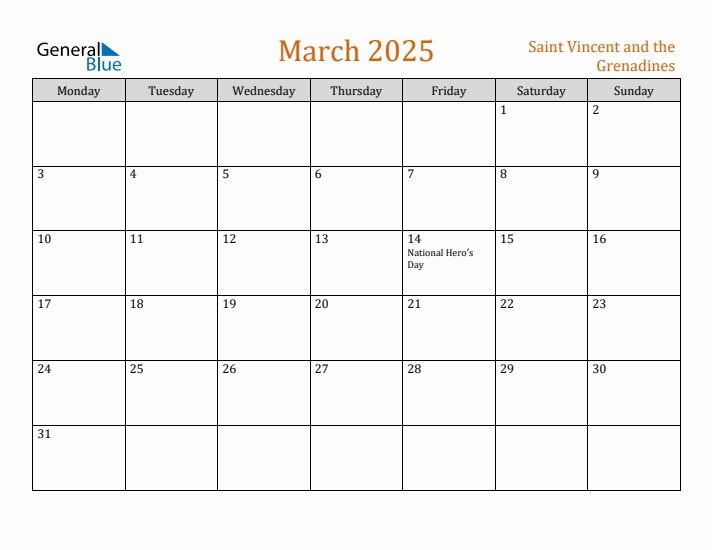 March 2025 Holiday Calendar with Monday Start