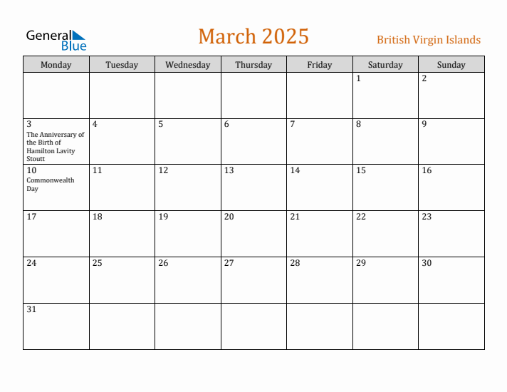 March 2025 Holiday Calendar with Monday Start