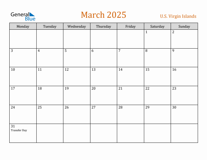 March 2025 Holiday Calendar with Monday Start