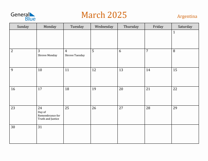 March 2025 Holiday Calendar with Sunday Start