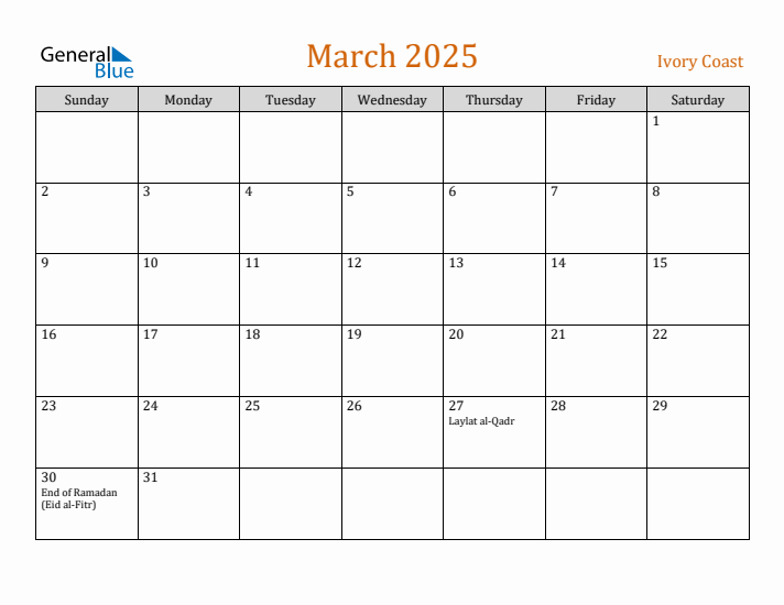March 2025 Holiday Calendar with Sunday Start
