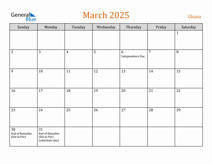 March 2025 Holiday Calendar with Sunday Start
