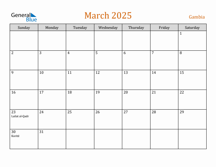 March 2025 Holiday Calendar with Sunday Start