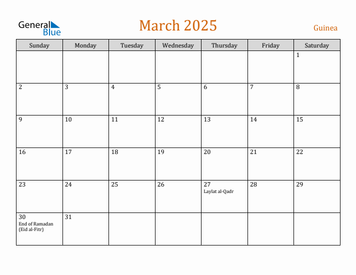 March 2025 Holiday Calendar with Sunday Start