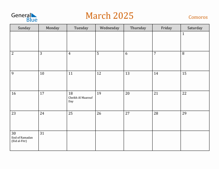 March 2025 Holiday Calendar with Sunday Start