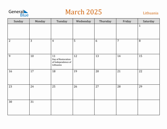 March 2025 Holiday Calendar with Sunday Start