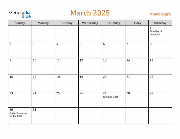 March 2025 Holiday Calendar with Sunday Start