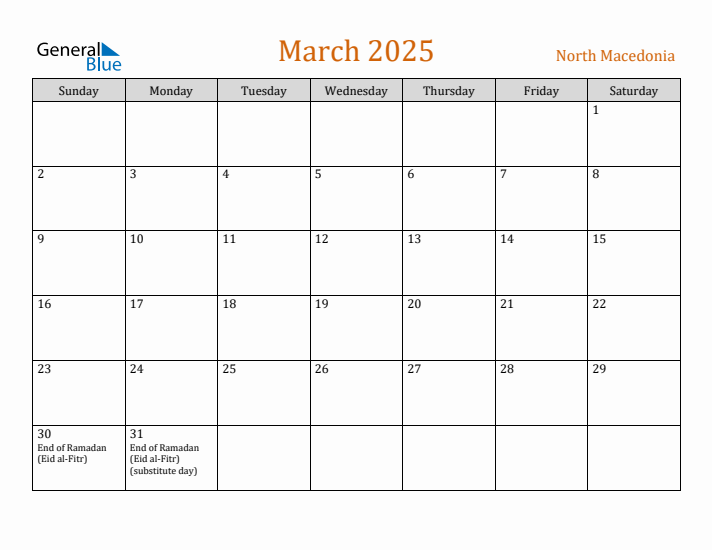 March 2025 Holiday Calendar with Sunday Start