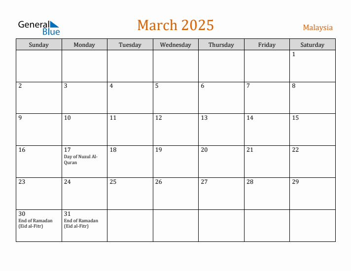 March 2025 Holiday Calendar with Sunday Start