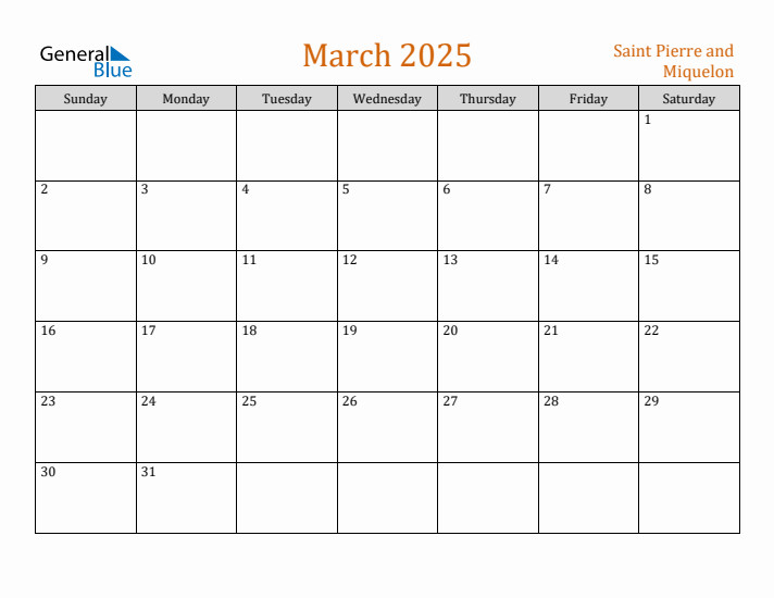 March 2025 Holiday Calendar with Sunday Start