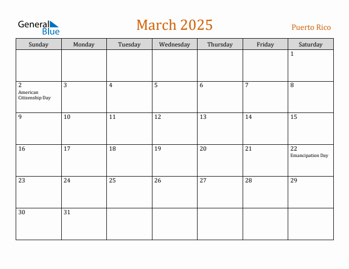 March 2025 Holiday Calendar with Sunday Start