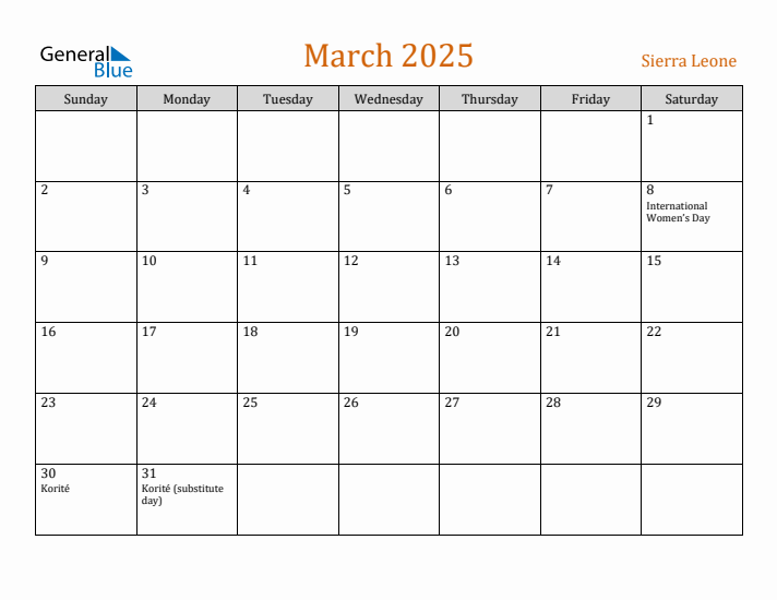March 2025 Holiday Calendar with Sunday Start
