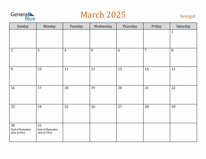 March 2025 Holiday Calendar with Sunday Start